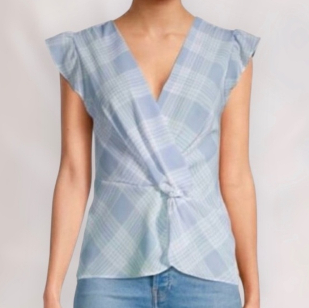 Light Blue Plaid Knot-Front Women's Top